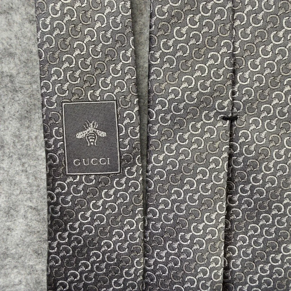 Gucci Necktie Men 7cm Grey Excellent‎ Interlocking G Horseshoe Silk Bee 835753